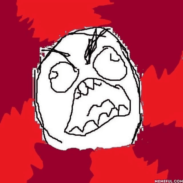 a black and white drawing of an angry face with a red background