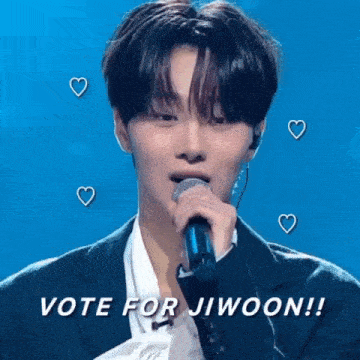 a young man is singing into a microphone with the words vote for jiwoon written below him