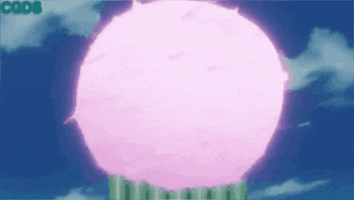 a large pink ball is floating in the sky with the words eggs visible