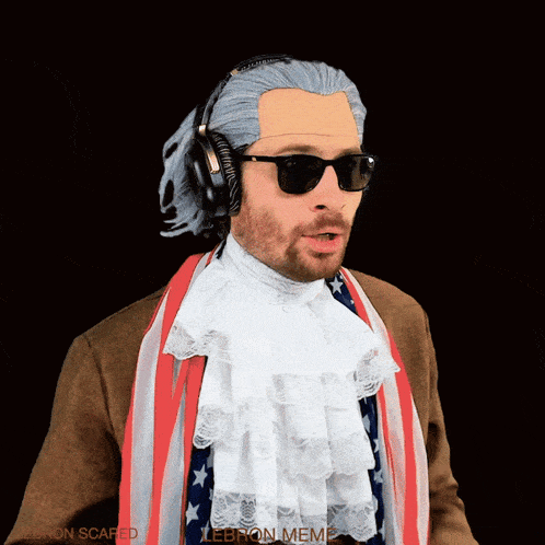 a man in a lebron meme costume with headphones