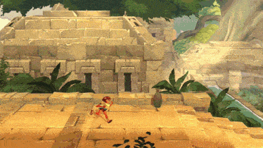 a cartoon drawing of a man running in front of a pyramid