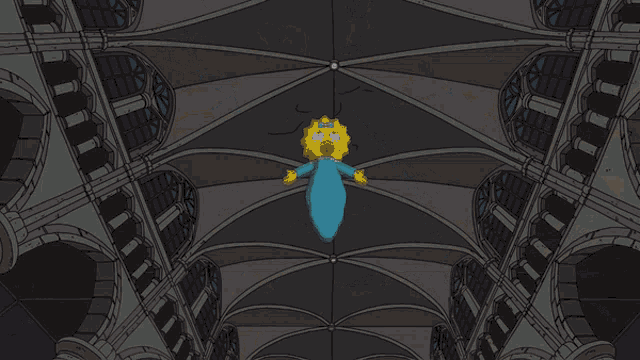 a cartoon of maggie simpson flying through a building