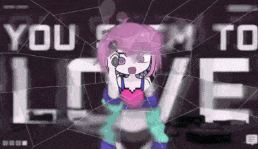 a cartoon girl is behind a spider web with the words you 'm to love written on it .