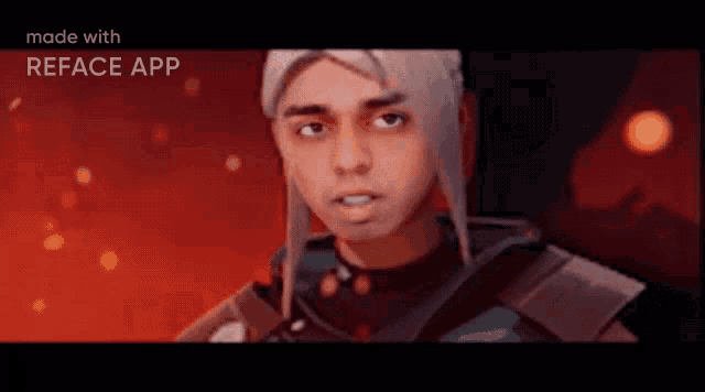 a man in a video game is looking at the camera with a red background .