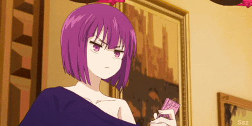 a girl with purple hair is holding a pink box in front of a painting