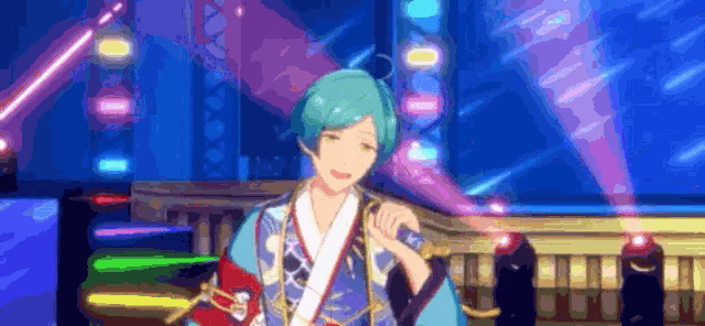 a man in a kimono is singing into a microphone on a stage in a video game .