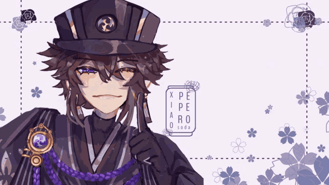 a drawing of a man with a hat and a sign that says x pe a ro soda