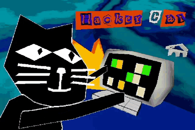 a cartoon of a cat using a computer and the words hacker on the bottom