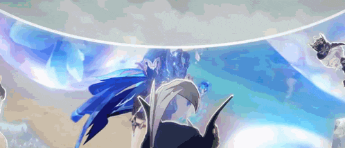 a cartoon character with blue hair is flying through the air with a sword .