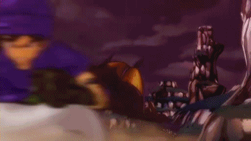 a cartoon character is fighting a giant monster with a sword in a video game .