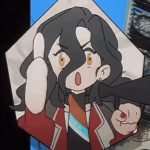 a cartoon drawing of a woman with long black hair and a red jacket