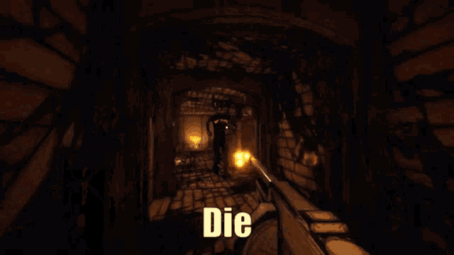 a person is holding a gun in a dark room with the words `` die '' written on the bottom .