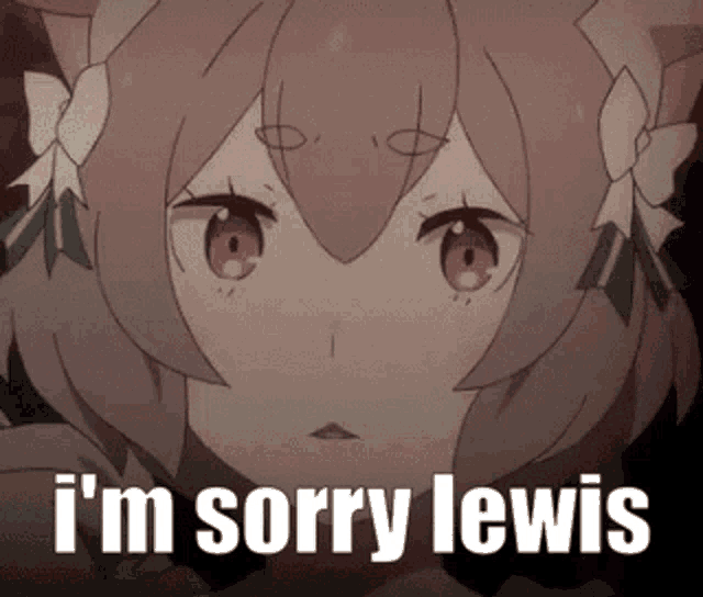 a close up of a girl 's face with the words `` i 'm sorry lewis '' .