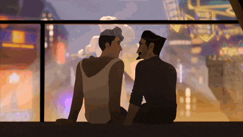 two men sitting on a balcony looking at each other with a sign that says ' a ' on it