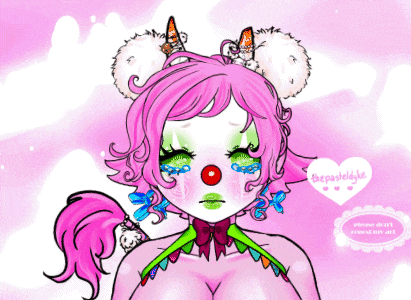 a drawing of a girl with pink hair and a clown makeup