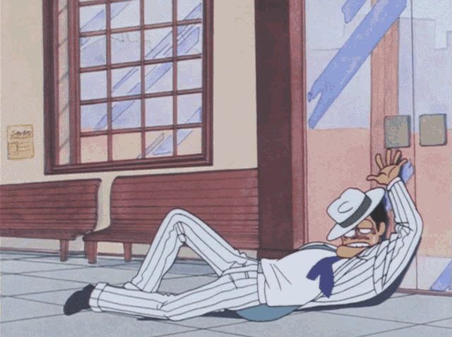 a cartoon of a man laying on the floor in front of a window with a sign that says ' a ' on it