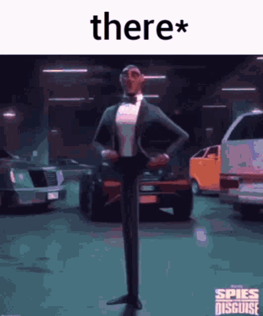 a man in a tuxedo is standing in a parking lot with his hands on his hips