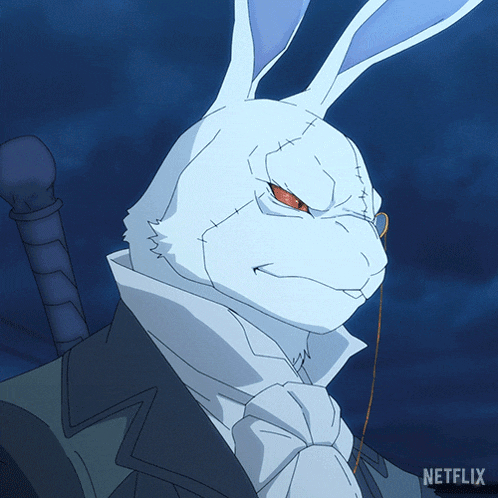 a close up of a white rabbit with a netflix logo behind it