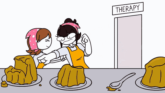a cartoon of two women standing in front of a door that says " therapy "