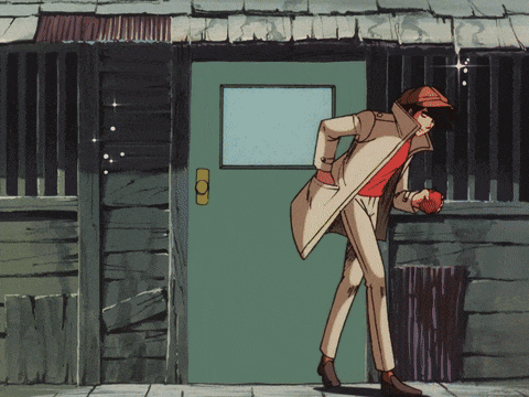 a man in a trench coat and red shirt is standing in front of a green door