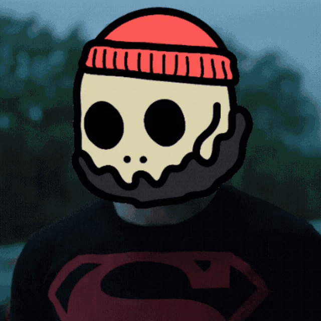 a drawing of a man wearing a superman shirt and a skull hat