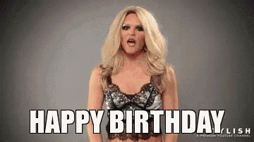 a woman in a lace top is making a funny face and says happy birthday .