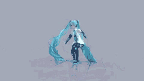 a girl with long blue hair is standing on a tile floor