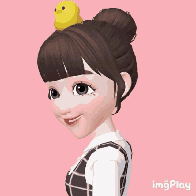 a cartoon girl with a yellow duck on her head and the words imgplay on the bottom