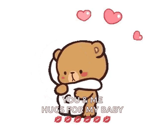 a brown and white teddy bear hugging each other with hearts coming out of their heads .