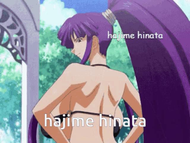 a purple haired anime character with the name hajime hinata above her