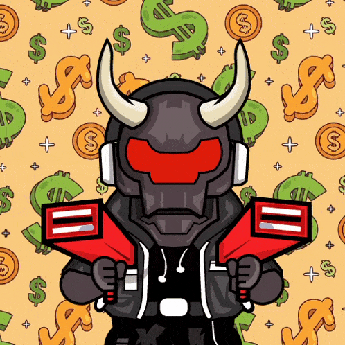 a cartoon drawing of a robot with horns and headphones holding a pair of guns
