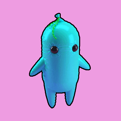 a blue cartoon character with a green plant growing out of its head on a pink background