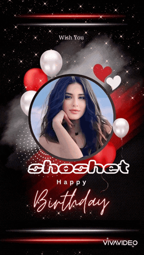 a birthday card with a picture of a woman in a circle surrounded by balloons and hearts