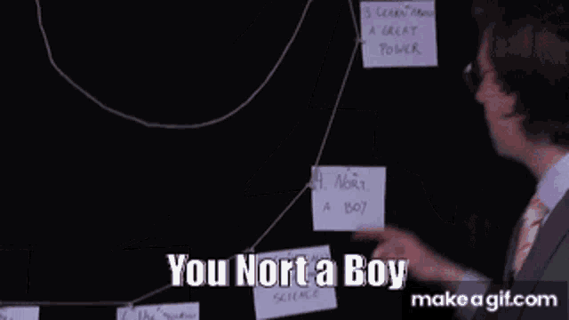 a man in a suit pointing at a sign that says you nort a boy