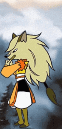 a cartoon drawing of a wolf with long blonde hair standing in front of a cloudy sky
