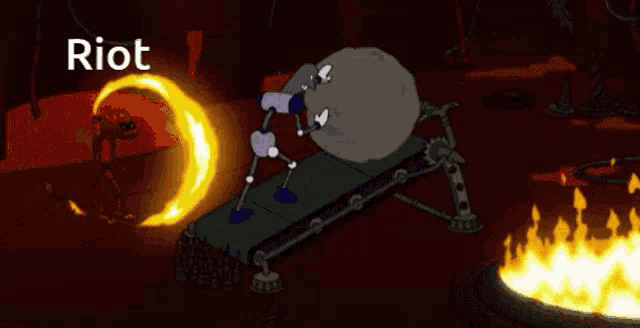 a cartoon of a skeleton pushing a large rock with the word riot written above it
