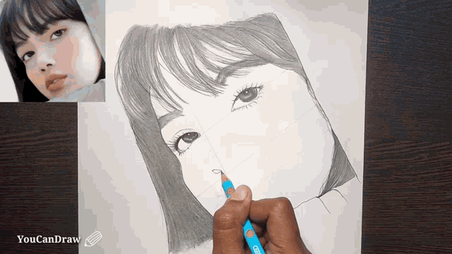 a person is drawing a woman 's face with a blue pencil and the words " youcandraw " at the bottom