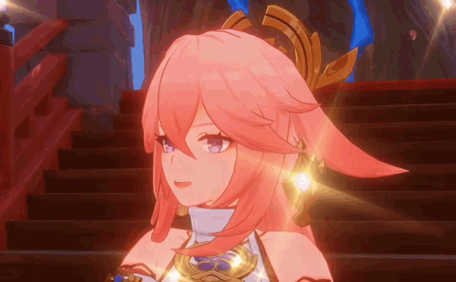 a girl with pink hair and blue eyes is standing on stairs