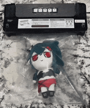 a stuffed animal is wrapped in plastic next to a vacuum sealer with instructions on how to use the device