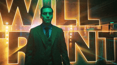 a man in a suit and tie is standing in front of a neon sign that says `` will run '' .