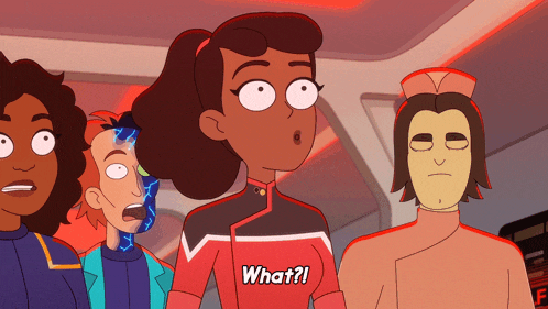 a group of cartoon characters are standing together and one of them says " what "