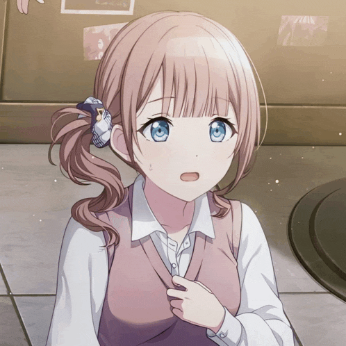 a girl with pink hair and blue eyes is wearing a white shirt