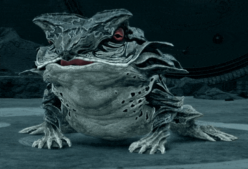 a frog with a red eye is sitting in front of a clock