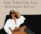 a woman is sitting on a couch wearing sunglasses and a white shirt with the words `` one time for the birthday bitch '' .