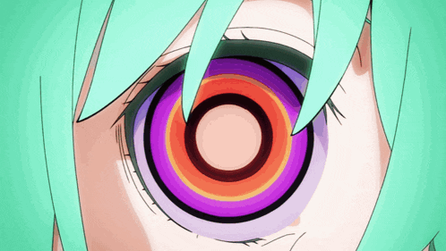 a close up of a person 's eye with a purple and orange circle