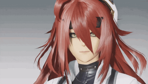 a girl with long red hair and green eyes has the letter t on her head