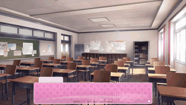 a classroom with lots of desks and chairs and a pink screen that says history skip auto save load settings