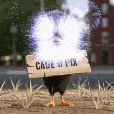 a cartoon chicken is holding a sign that says cade o pix
