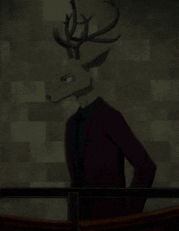a deer wearing a suit and tie is standing in front of a wall