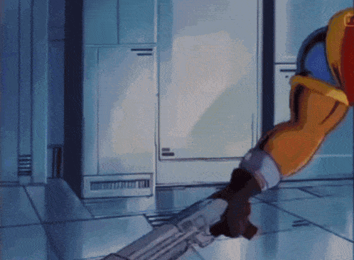 a cartoon of a man holding a gun in a room